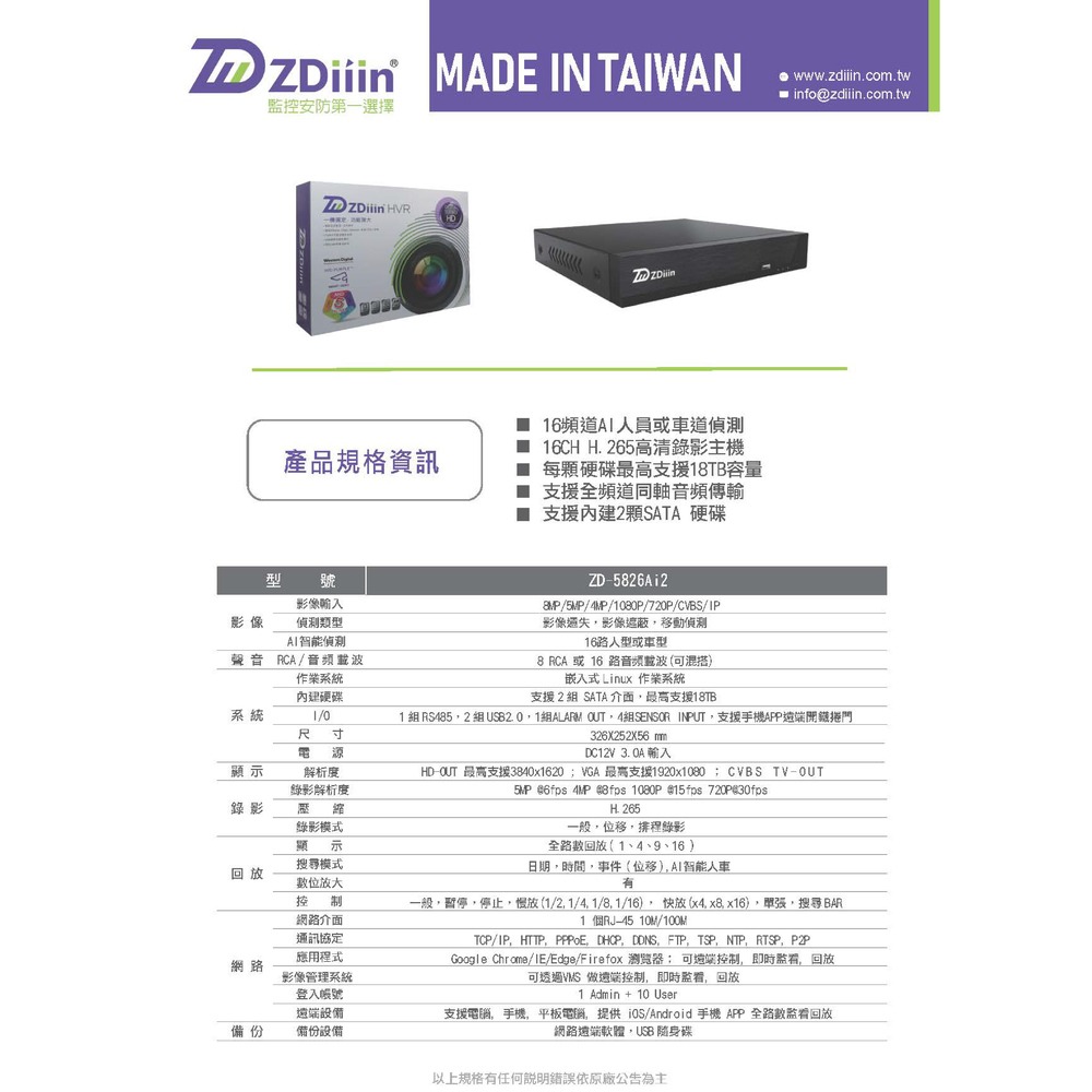 昌運監視器 ZDiiin ZD-5826Ai2-4 HVR監控錄影主機 16路5MP/錄5MP 人車AI偵測 4碟-細節圖4