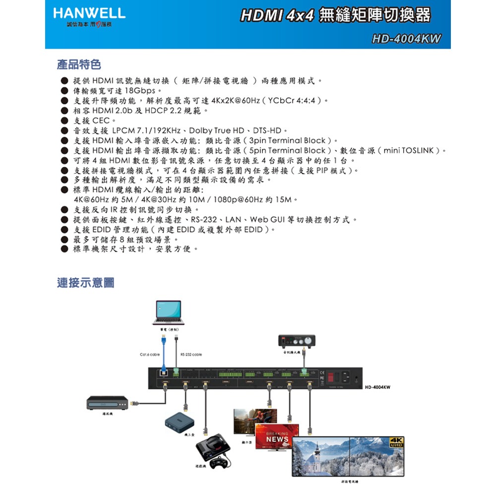 昌運監視器 HANWELL HD-4004KW 4x4 HDMI 訊號無縫矩陣切換器 ( 4K60Hz )-細節圖2