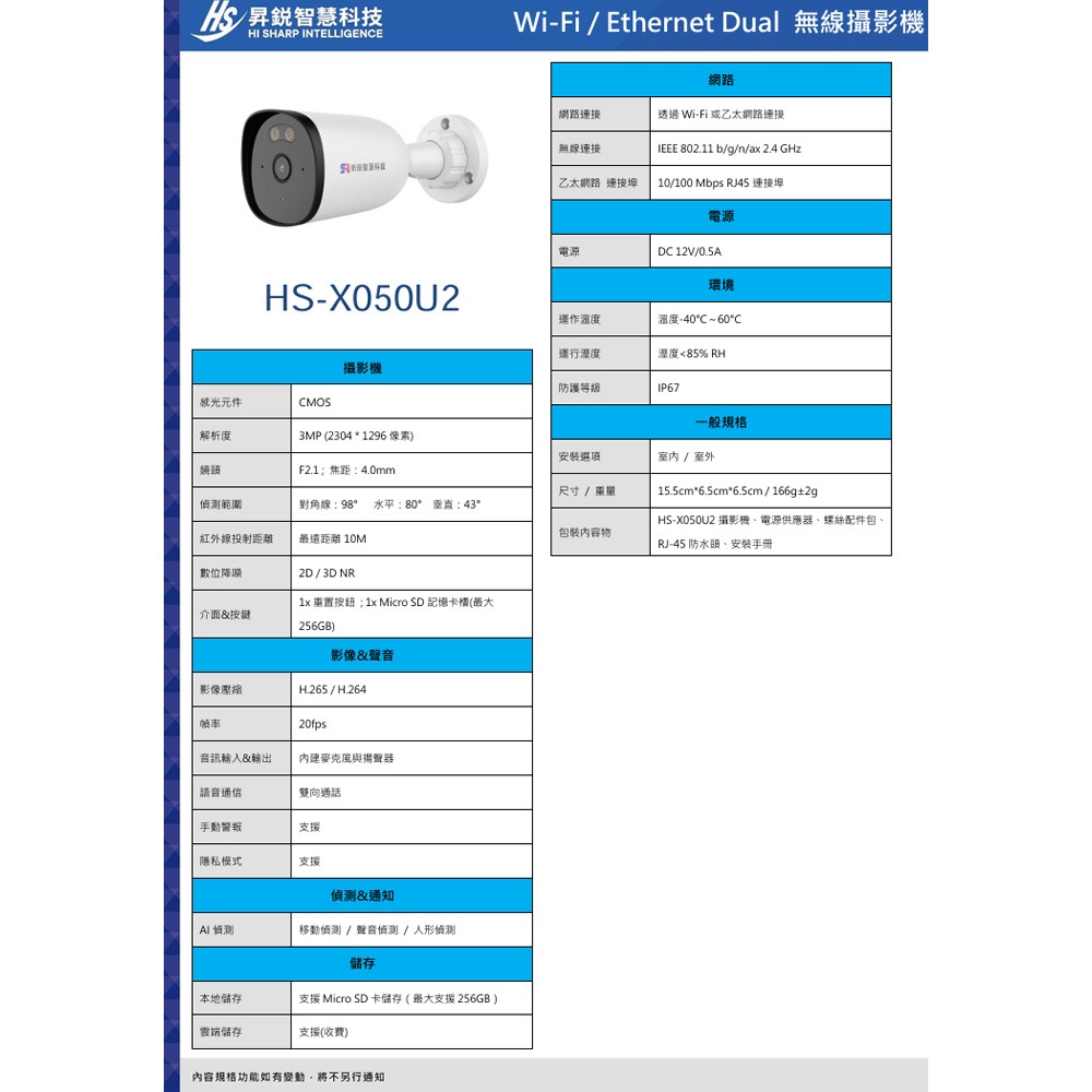 昌運監視器 昇銳 HS-X050U2 Wi-Fi / Ethernet Dual 300萬畫素 無線攝影機-細節圖3