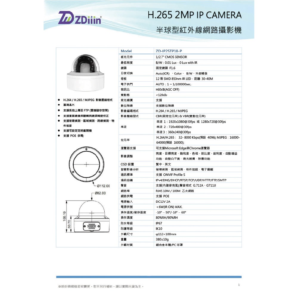 昌運監視器 ZDiiin ZD-IP2STP18-P 2MP紅外線球半罩型網路攝影機 臺灣晶片-細節圖3