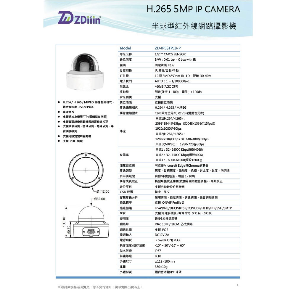 昌運監視器 ZDiiin ZD-IP5STP18-P 5MP紅外線球半罩型網路攝影機 臺灣晶片-細節圖3