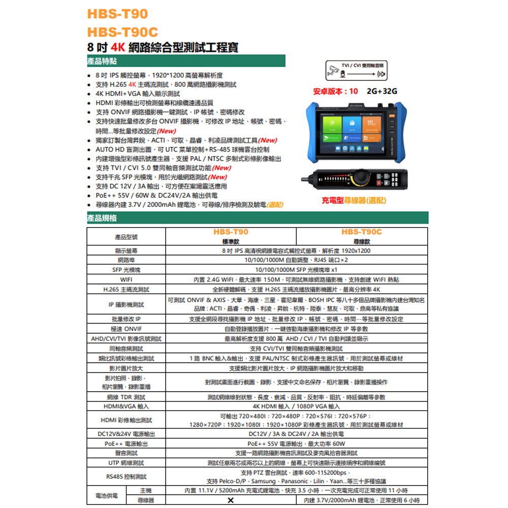 昌運監視器 HBS-T90C 8吋 4K 網路綜合型測試工程寶 尋線器款 支援雙同軸音頻測試 可批量修改多台攝影機-細節圖2