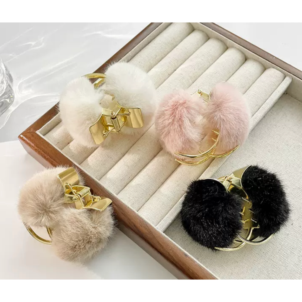 J&C 秋冬高級感  高馬尾 固定神器 毛球髮夾-細節圖3