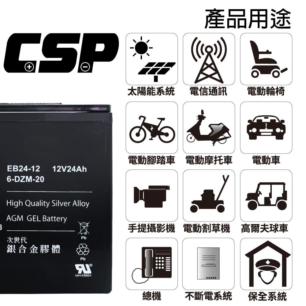 CSP進煌 銀合金膠體電池 電動車電池 強效版 等同6-DZM-20. EB24-12 x4顆(箱）12V24Ah-細節圖3