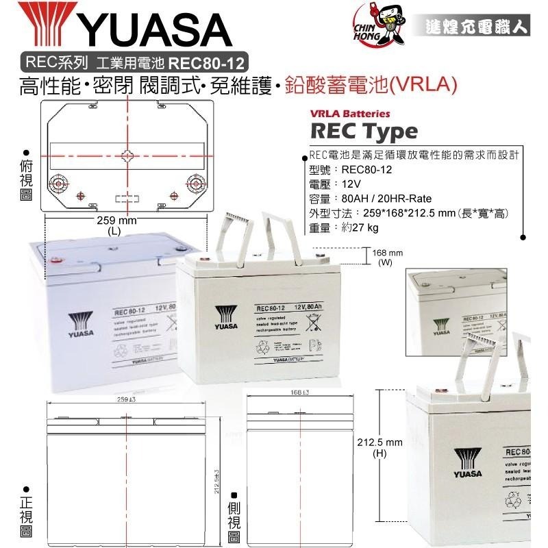 YUASA REC80-12  鉛酸電池12V80Ah 電動車用電池 釣魚用電池 捲線器用電池 UPS用電池 湯淺-細節圖2