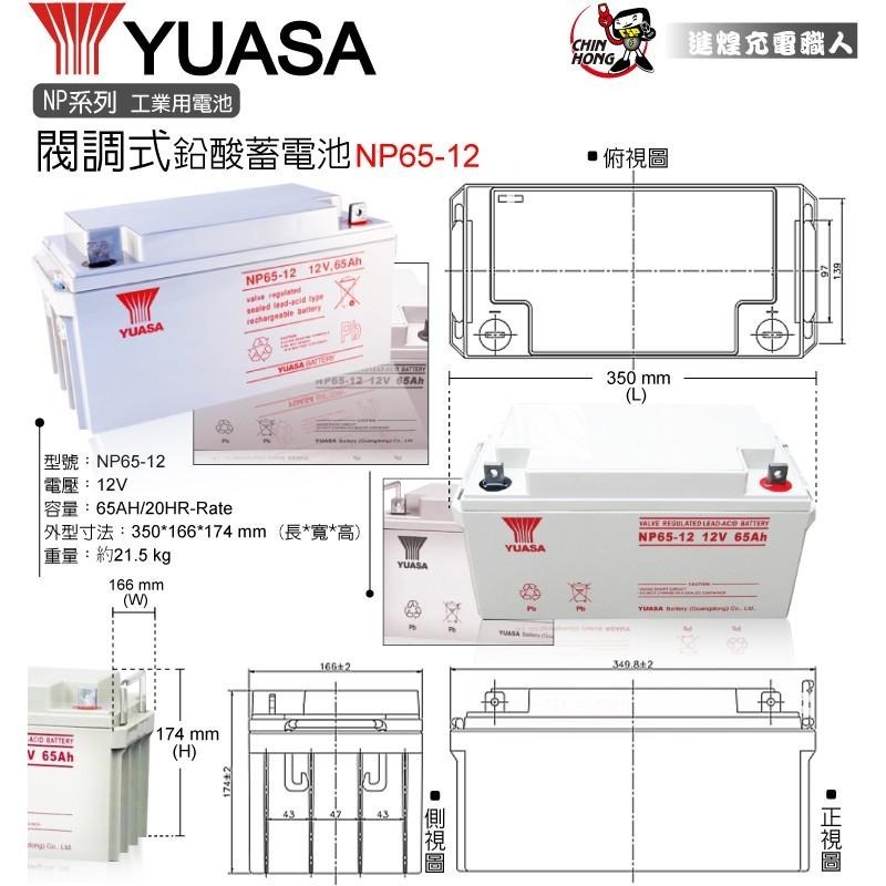 YUASA NP65-12鉛酸電池12V65Ah 通訊機房 UPS電池 緊急設備 警報系統 安全系統 保全系統-細節圖2