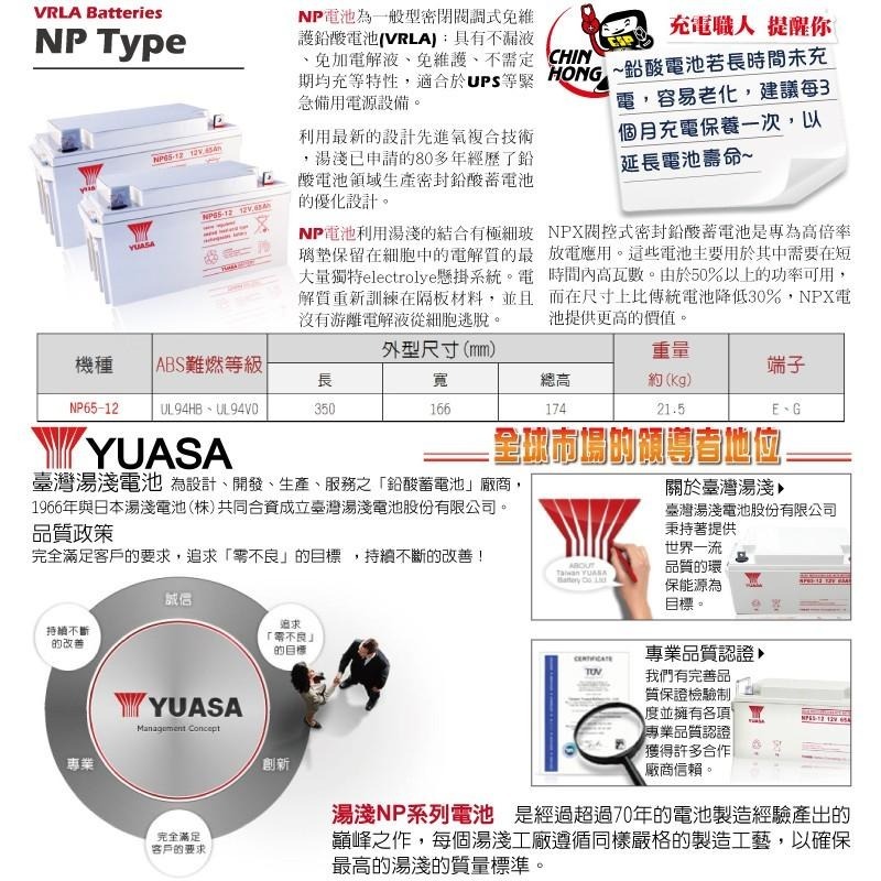 YUASA NP65-12鉛酸電池12V65Ah 通訊機房 UPS電池 緊急設備 警報系統 安全系統 保全系統-細節圖5