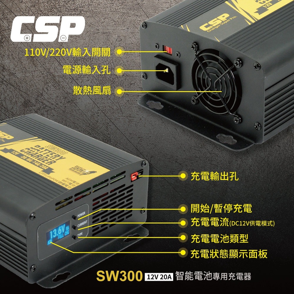 SW300 12V20A 汽車電池充電器 深循環電池 汽車展銷中心 車用充電 AGM 磷酸鋰鐵 MF電池 CSP-細節圖2