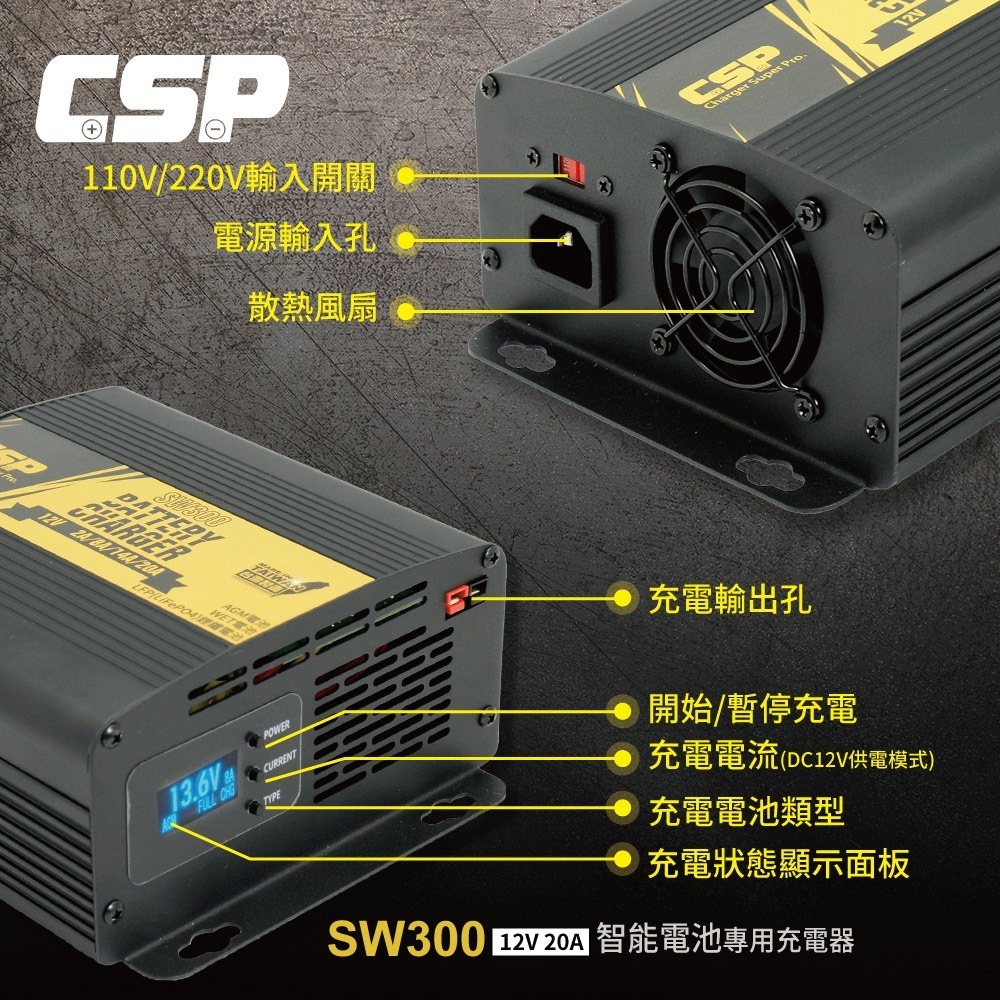 SW300 12V20A 汽車電池充電器 深循環電池 汽車展銷中心 車用充電 AGM 磷酸鋰鐵 MF電池 CSP-細節圖2