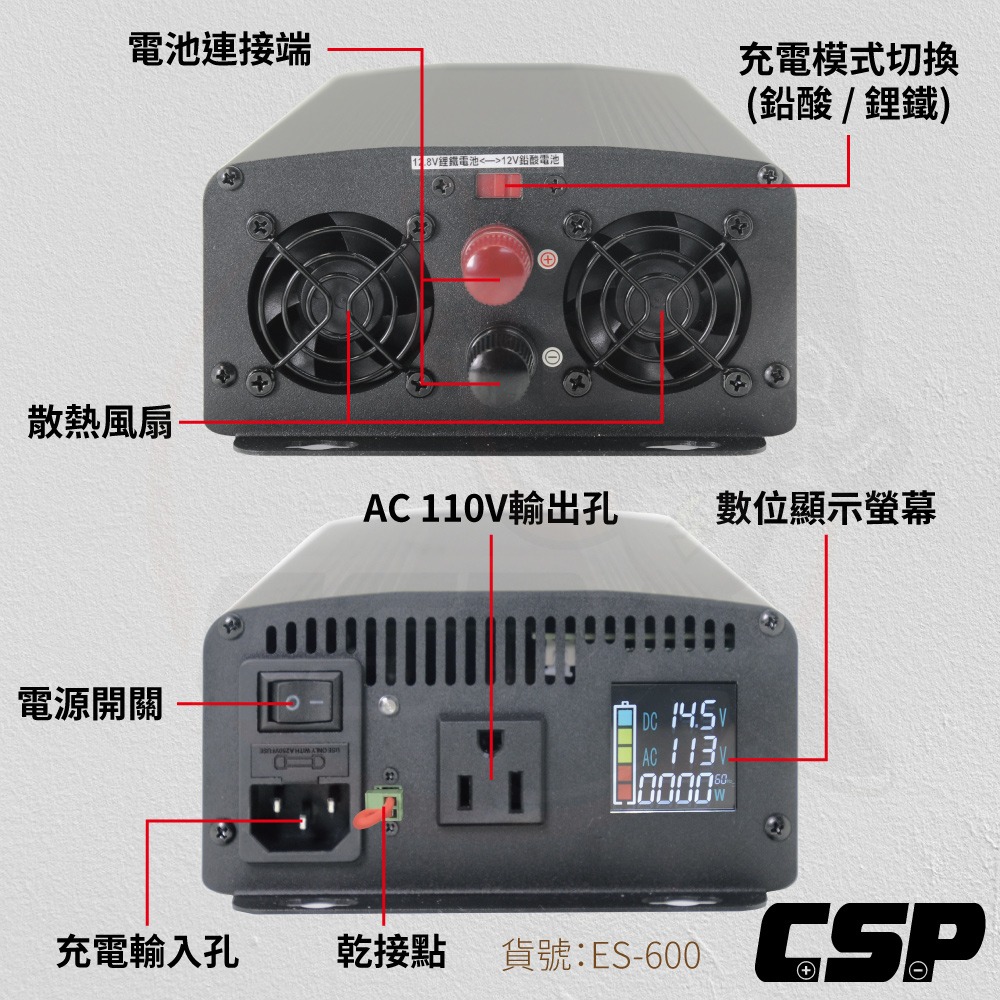 ES-600-600W電源轉換器 DC12V轉AC110V 純正弦波電源轉換器(逆變器)-細節圖3