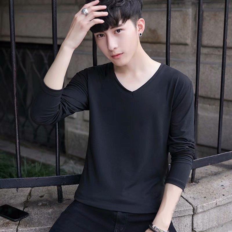 【黃道宙域】男生 上衣 秋季 大碼裝 長袖T恤 男 韓版 V領 打底衫 潮流 寬鬆 T恤 上衣 男裝 素色 百搭-細節圖5