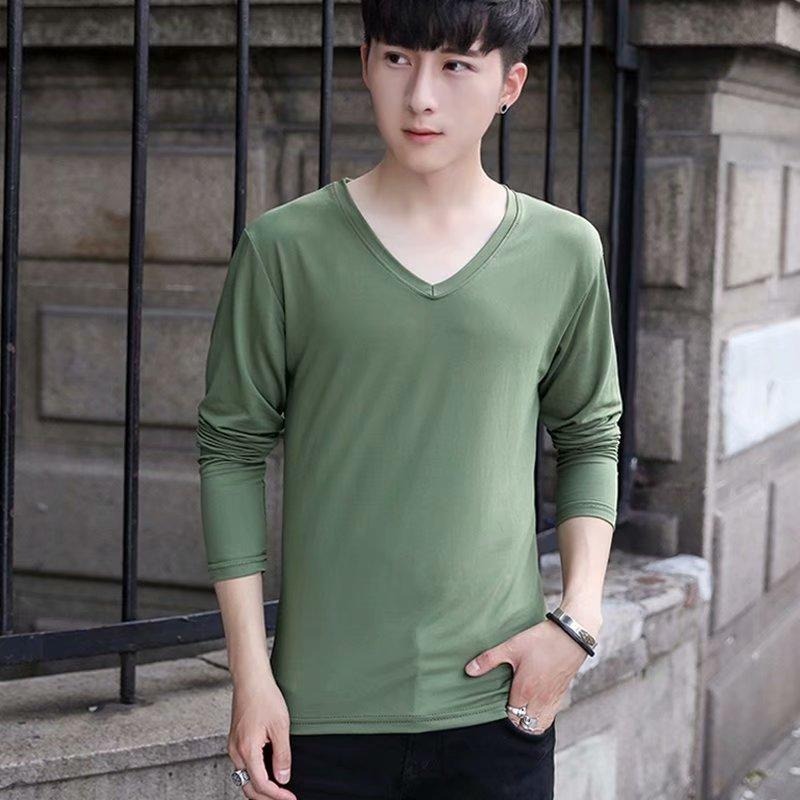 【黃道宙域】男生 上衣 秋季 大碼裝 長袖T恤 男 韓版 V領 打底衫 潮流 寬鬆 T恤 上衣 男裝 素色 百搭-細節圖6