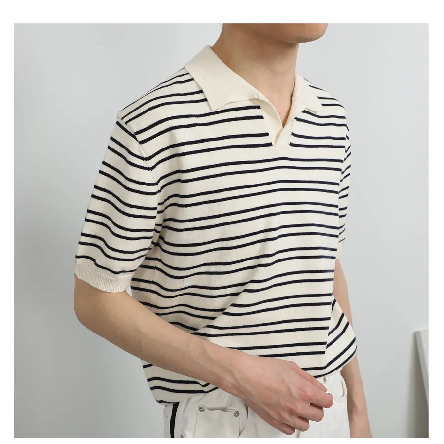 【黃道宙域】男士 百搭 條文 短袖 V領 翻領 POLO衫 短袖 夏季 男裝 穿搭 服飾-細節圖3