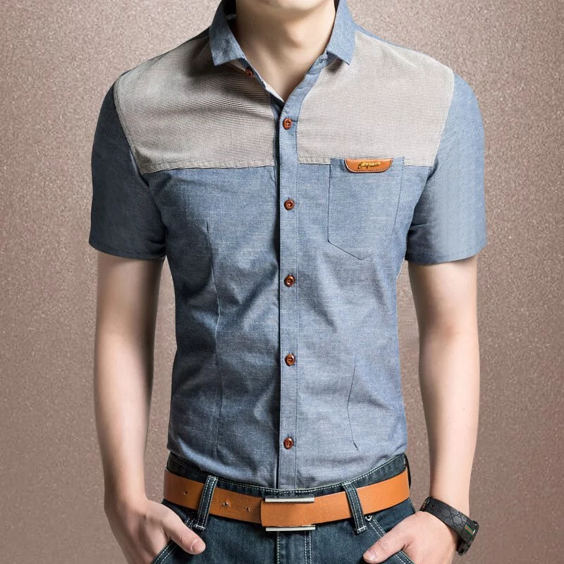 【黃道宙域】男裝 男士短袖襯衫 短袖 修身 時尚 拼接 襯衫 休閒穿搭 拼布風格 T恤-細節圖3