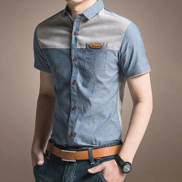 【黃道宙域】男裝 男士短袖襯衫 短袖 修身 時尚 拼接 襯衫 休閒穿搭 拼布風格 T恤-細節圖4