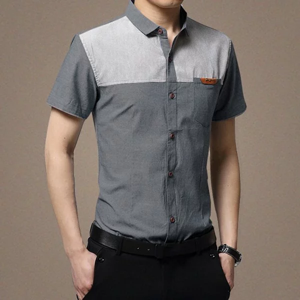 【黃道宙域】男裝 男士短袖襯衫 短袖 修身 時尚 拼接 襯衫 休閒穿搭 拼布風格 T恤-細節圖5