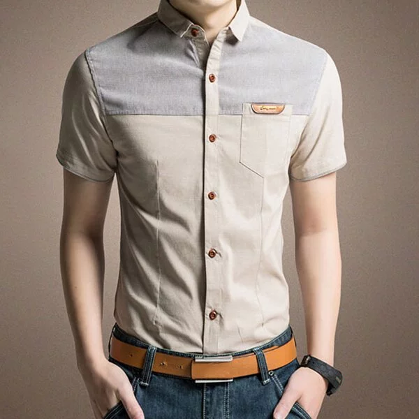 【黃道宙域】男裝 男士短袖襯衫 短袖 修身 時尚 拼接 襯衫 休閒穿搭 拼布風格 T恤-細節圖6