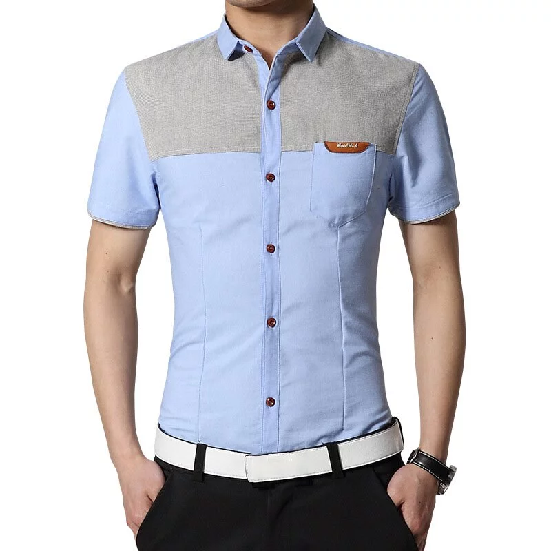 【黃道宙域】男裝 男士短袖襯衫 短袖 修身 時尚 拼接 襯衫 休閒穿搭 拼布風格 T恤-細節圖8