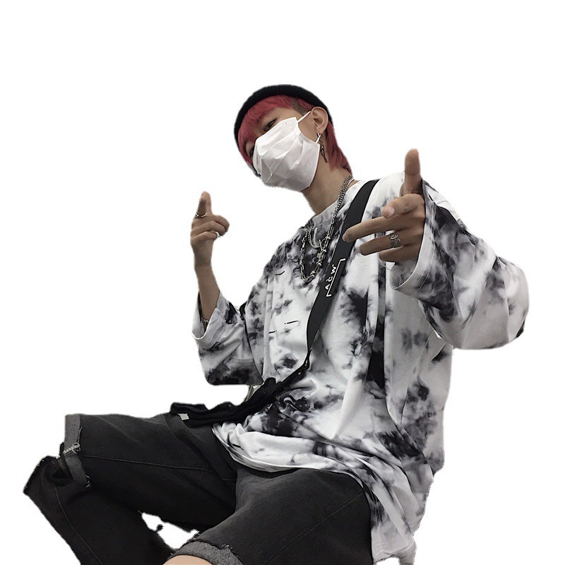 【黃道宙域】秋裝 長袖上衣 韓版ins 原宿風 街頭 嘻哈 復古 漸變 紮染 寬鬆 圓領 打底長袖T恤-細節圖4