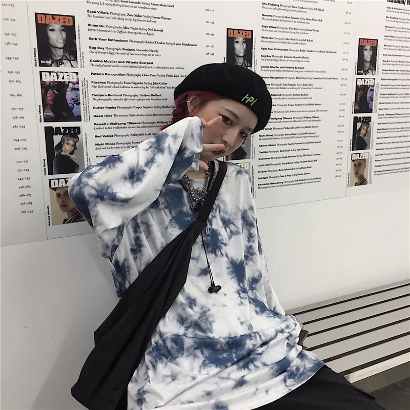 【黃道宙域】秋裝 長袖上衣 韓版ins 原宿風 街頭 嘻哈 復古 漸變 紮染 寬鬆 圓領 打底長袖T恤-細節圖5