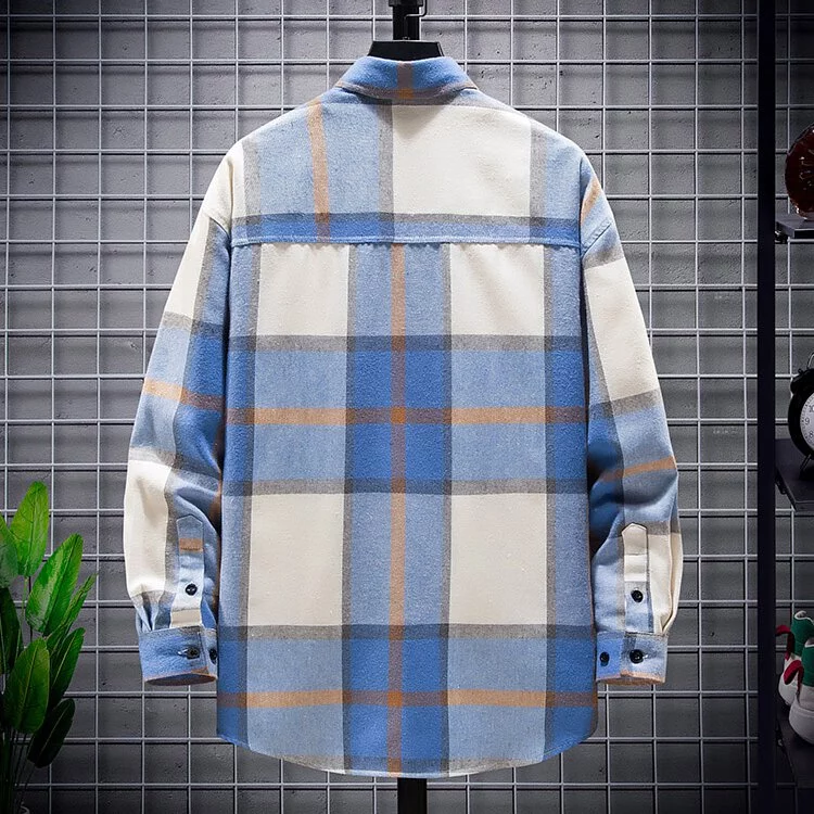 【黃道宙域】男生襯衫 格子襯衫 長袖上衣  外搭 男士格紋襯衫 長袖襯衫 穿 搭網格 風格 學院風 休閒長袖 襯衫-細節圖7