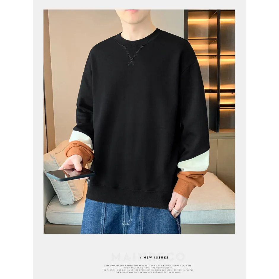 【黃道宙域】男生長袖 拚色上衣 T恤 長袖上衣 男生上衣 拚解風格 休閒長袖 衛衣 寬鬆上衣 加大尺碼 大學T-細節圖7