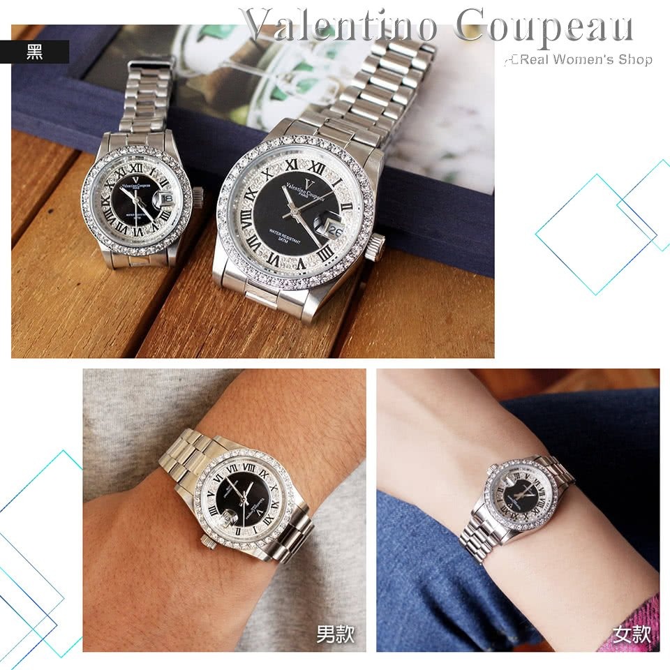 [三件免運]Valentino 范倫鐵諾 羅馬字晶鑽 情人對錶 男錶 女錶 多色可選 一五七 一元起標-細節圖6