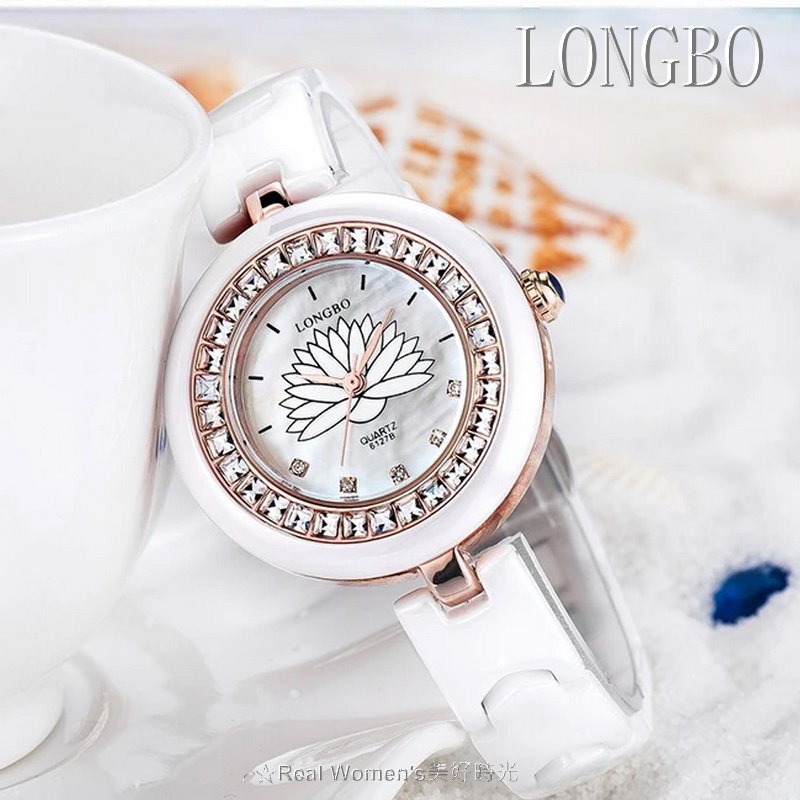 韓版 LONGBO 晶鑽 蓮花錶  陶瓷錶 淑女錶 腕錶 精品手錶(雙色可選)-細節圖2