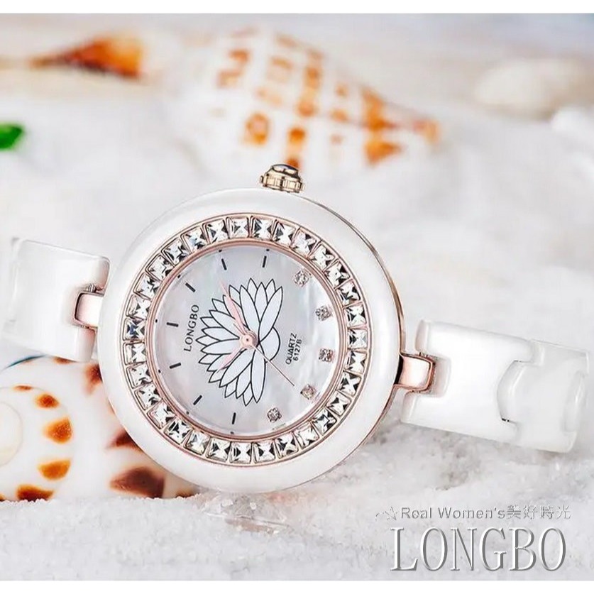 韓版 LONGBO 晶鑽 蓮花錶  陶瓷錶 淑女錶 腕錶 精品手錶(雙色可選)-細節圖4