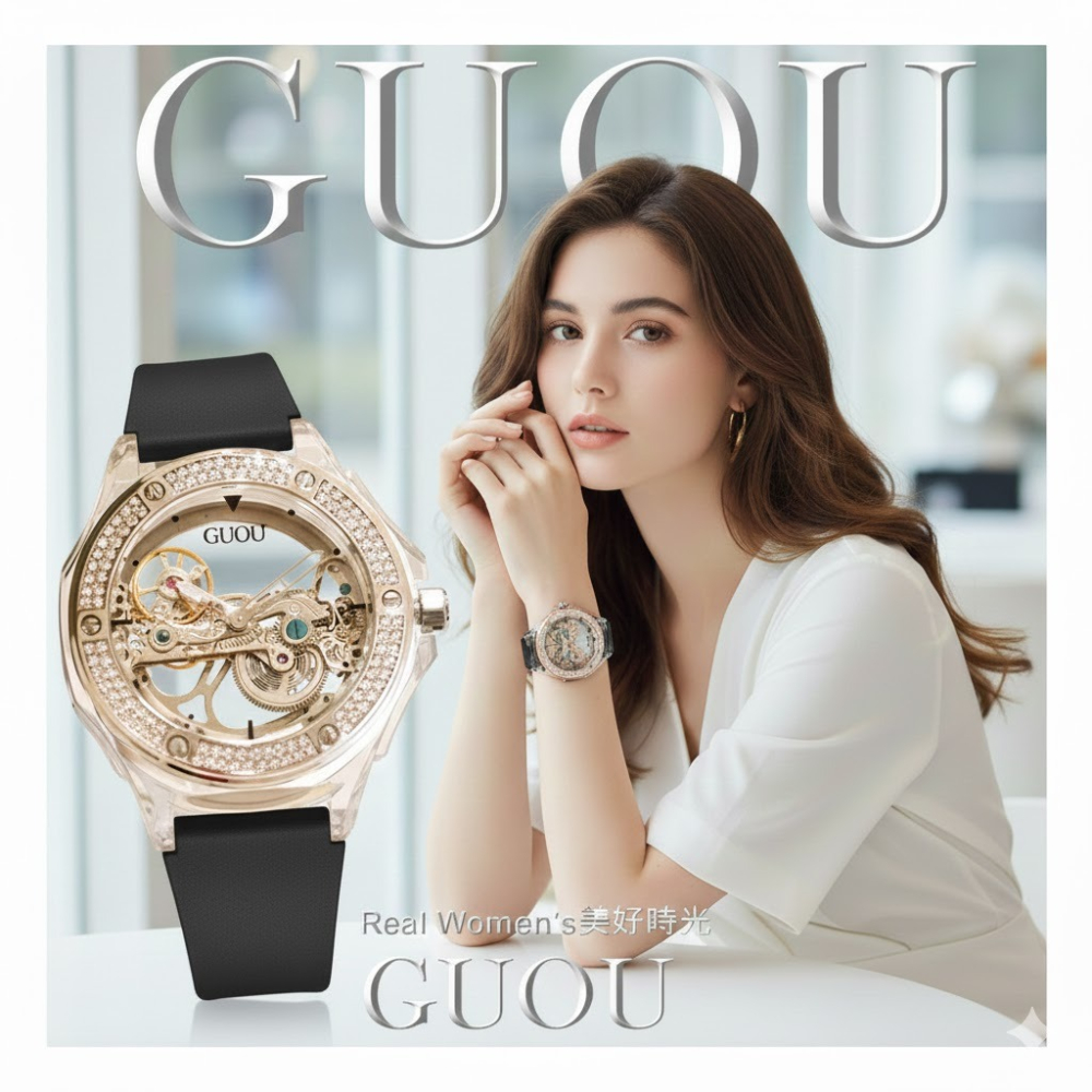 香港 GUOU 單橋雙透明鏤空 機械錶  男錶 女錶 對錶 防水矽膠錶帶 晶鑽錶圈-細節圖7