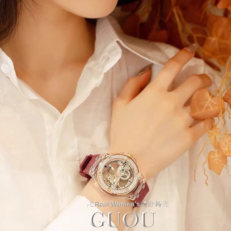 香港 GUOU 單橋雙透明鏤空 機械錶  男錶 女錶 對錶 防水矽膠錶帶 晶鑽錶圈-細節圖8