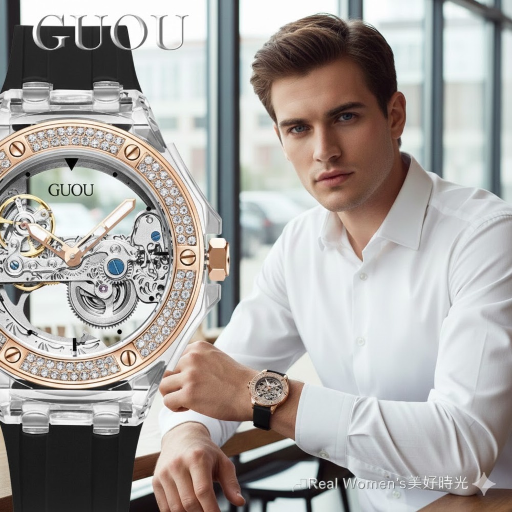 香港 GUOU 單橋雙透明鏤空 機械錶  男錶 女錶 對錶 防水矽膠錶帶 晶鑽錶圈-規格圖11