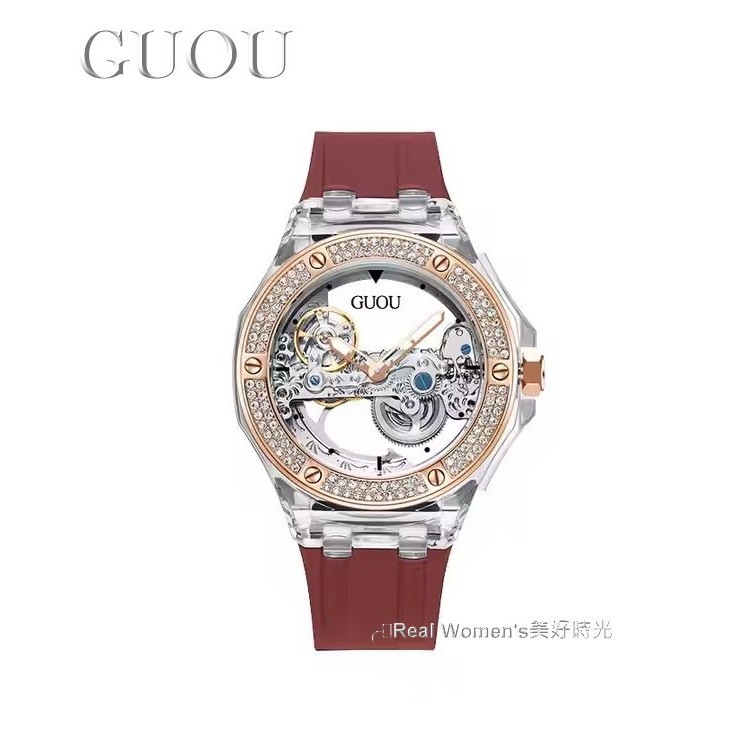 香港 GUOU 單橋雙透明鏤空 機械錶  男錶 女錶 對錶 防水矽膠錶帶 晶鑽錶圈-規格圖11