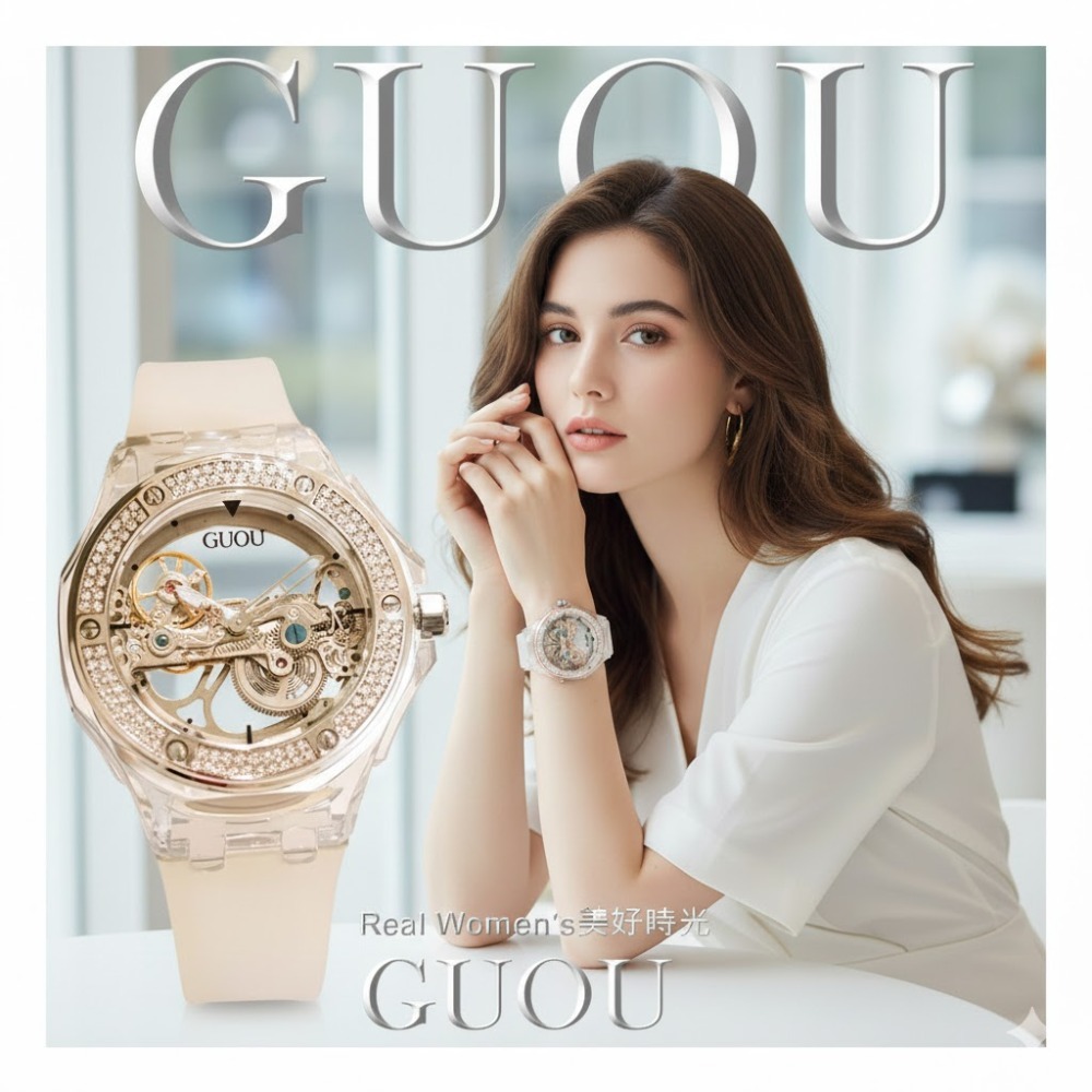 香港 GUOU 單橋雙透明鏤空 機械錶  男錶 女錶 對錶 防水矽膠錶帶 晶鑽錶圈-規格圖11