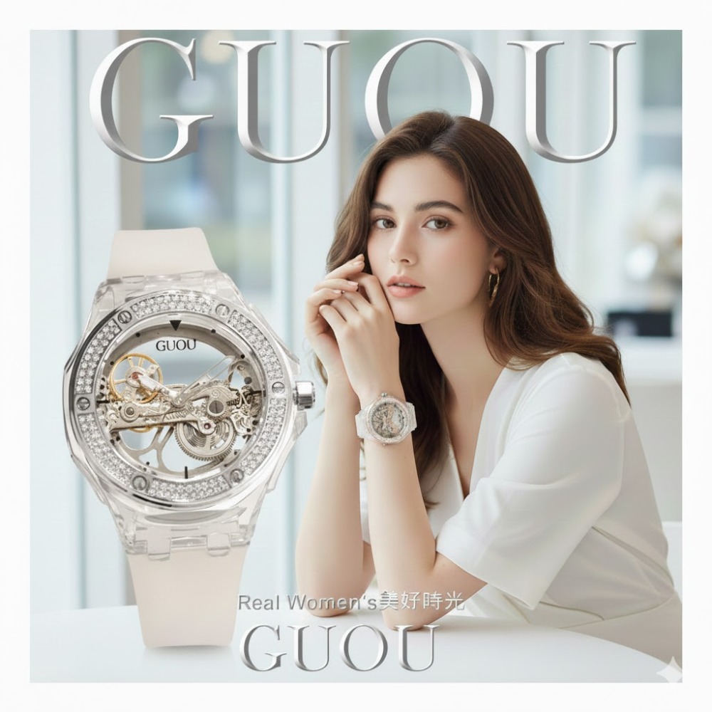 香港 GUOU 單橋雙透明鏤空 機械錶  男錶 女錶 對錶 防水矽膠錶帶 晶鑽錶圈-規格圖11