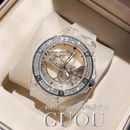 香港 GUOU 單橋雙透明鏤空 機械錶  男錶 女錶 對錶 防水矽膠錶帶 晶鑽錶圈-規格圖11