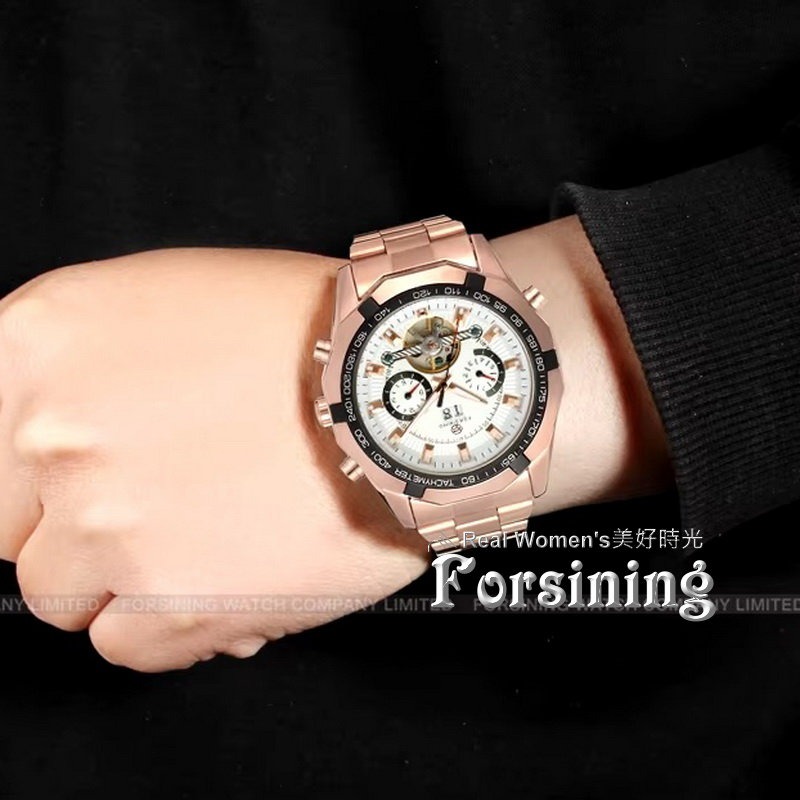 FORSINING 正品雜誌款  多功能 日期/月分/星期 自動機械錶 鏤空底蓋 紳士型男腕錶-細節圖3