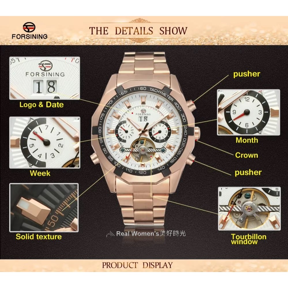 FORSINING 正品雜誌款  多功能 日期/月分/星期 自動機械錶 鏤空底蓋 紳士型男腕錶-細節圖7
