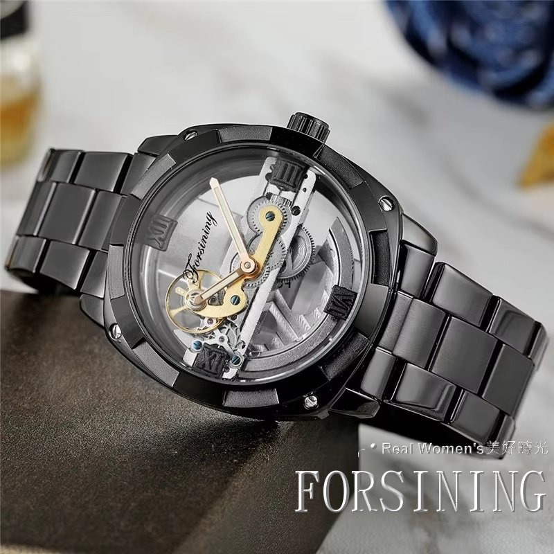 FORSINING 正品雜誌款 單橋 自動上鍊 機械錶 雙透明鏤空底蓋 雅痞紳士 型男腕錶-細節圖3
