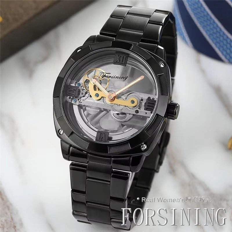 FORSINING 正品雜誌款 單橋 自動上鍊 機械錶 雙透明鏤空底蓋 雅痞紳士 型男腕錶-細節圖4