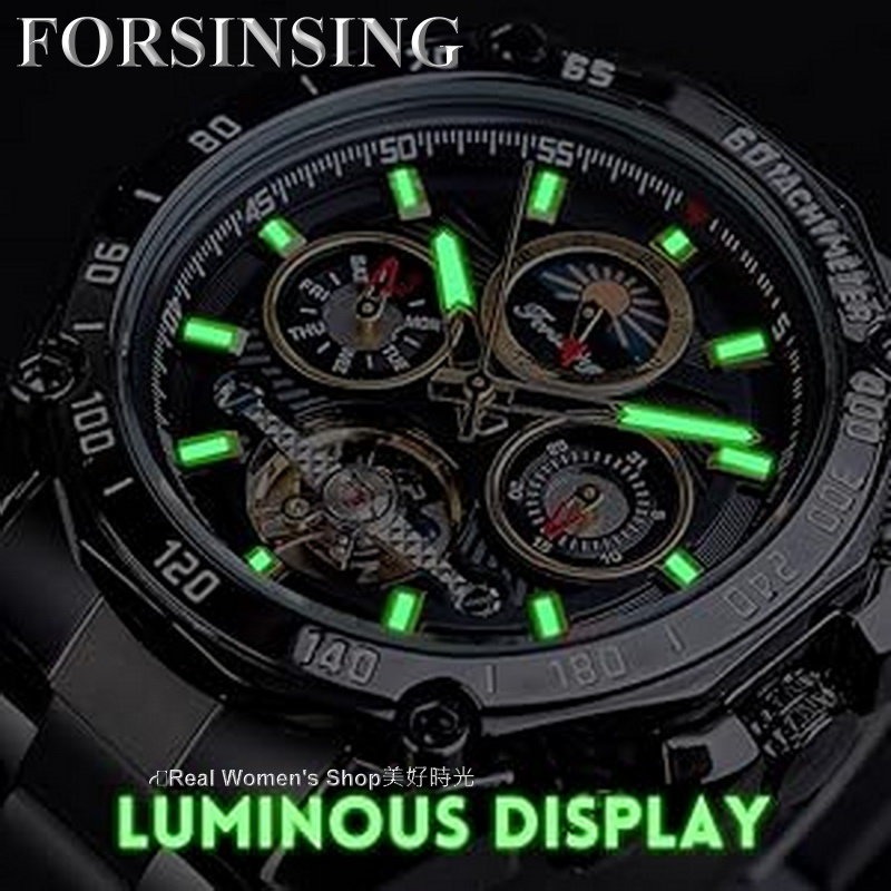 FORSINING 正品雜誌款 陀飛輪 真三眼 多功能 日期/日月相/星期 自動機械錶 鏤空底蓋 紳士型男腕錶-細節圖3