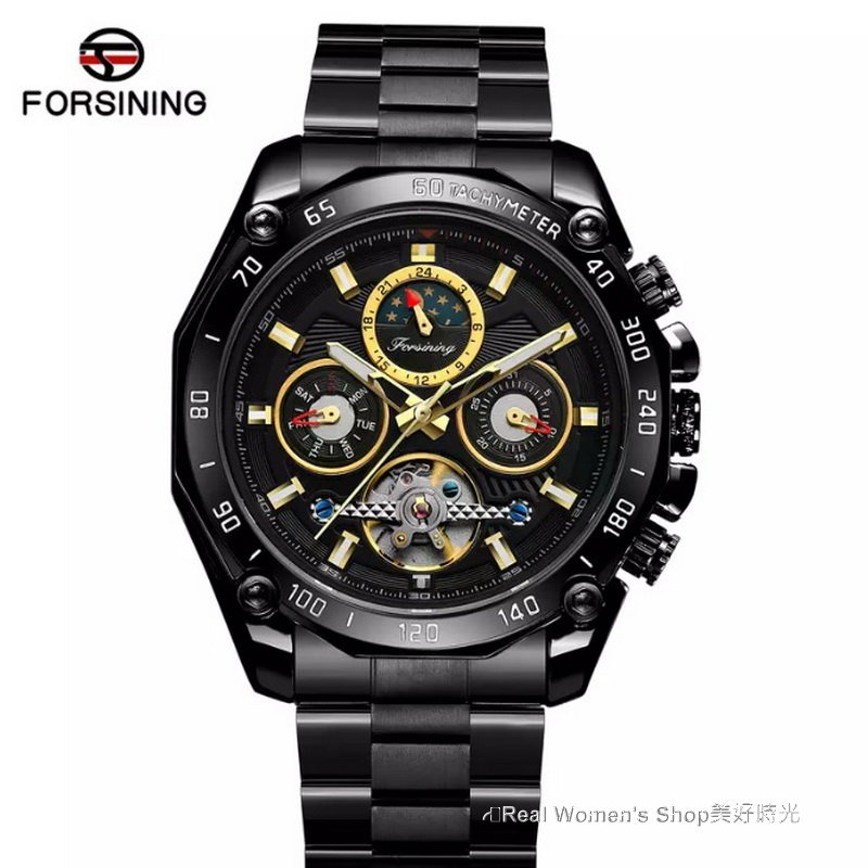 FORSINING 正品雜誌款 陀飛輪 真三眼 多功能 日期/日月相/星期 自動機械錶 鏤空底蓋 紳士型男腕錶-細節圖9