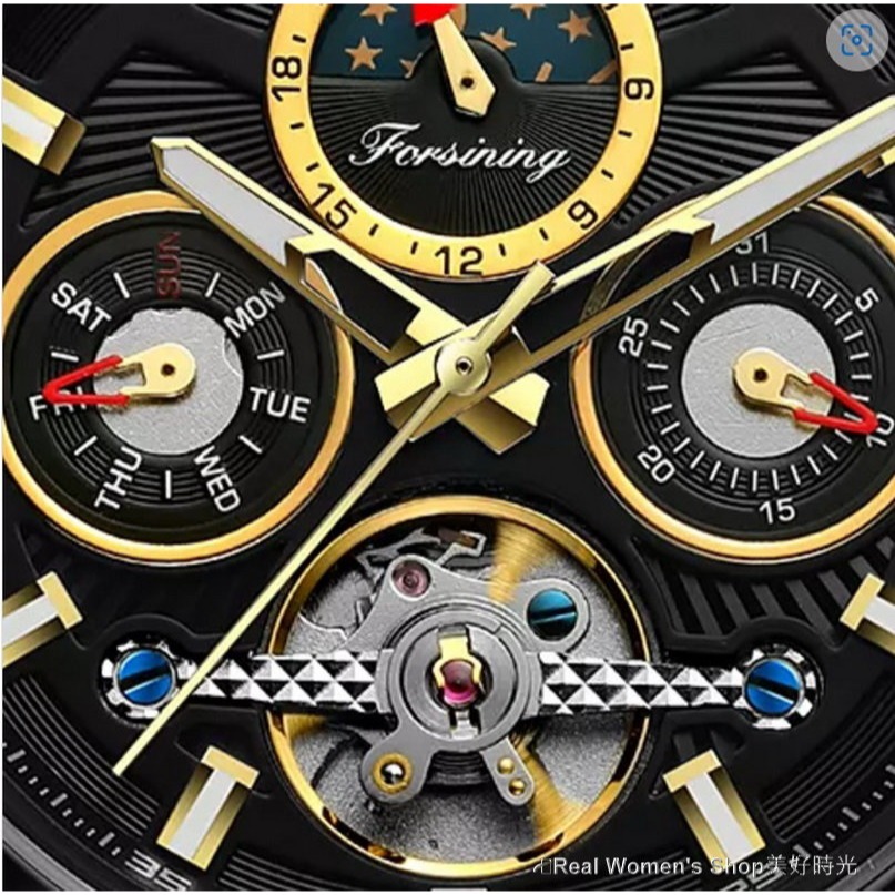 FORSINING 正品雜誌款 陀飛輪 真三眼 多功能 日期/日月相/星期 自動機械錶 鏤空底蓋 紳士型男腕錶-細節圖10