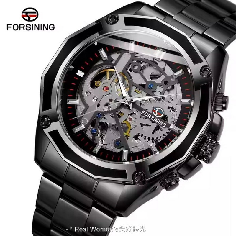 FORSINING 不鏽鋼 前後透明鏤空面盤 12邊形錶框 自動上鏈 型男新貴 機械錶 男錶-細節圖9