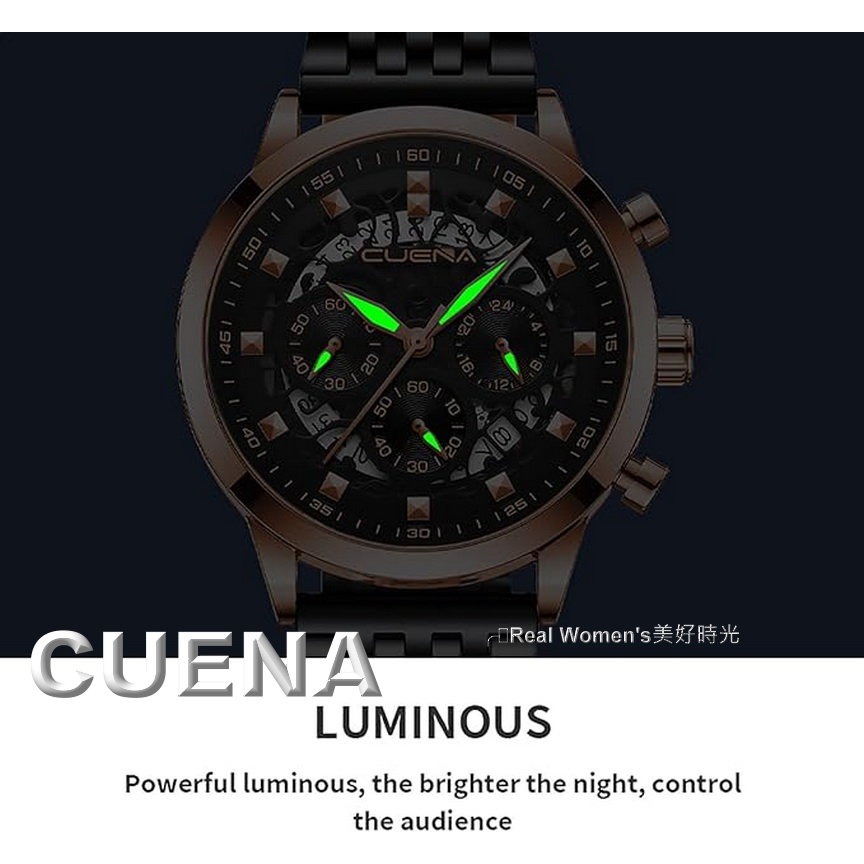 CUENA 多功能計時 日期 24小時 小秒盤 三眼 夜光指針 不鏽鋼帶 時尚型男腕錶 休閒商務錶 男錶-細節圖2