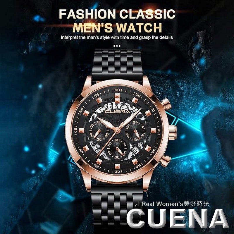 CUENA 多功能計時 日期 24小時 小秒盤 三眼 夜光指針 不鏽鋼帶 時尚型男腕錶 休閒商務錶 男錶-細節圖3