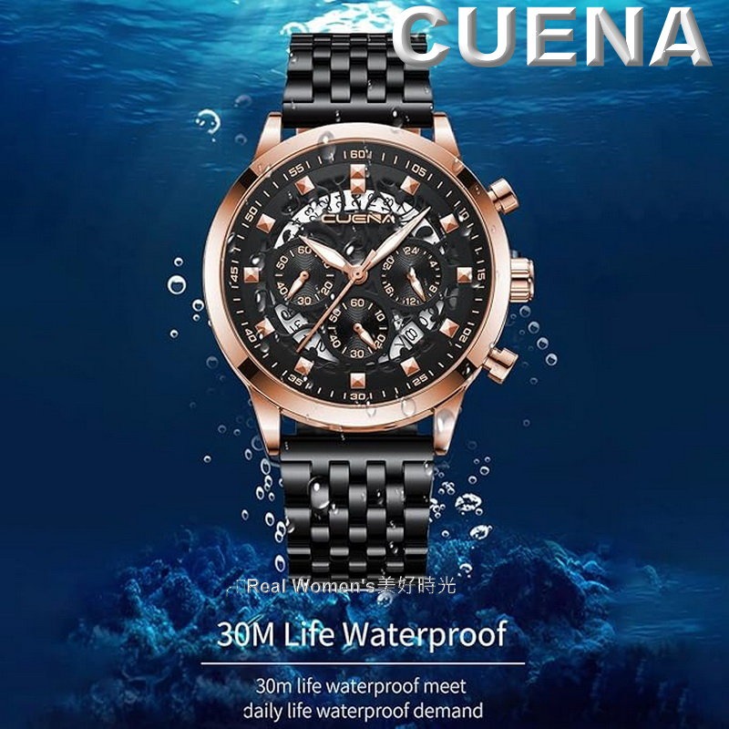 CUENA 多功能計時 日期 24小時 小秒盤 三眼 夜光指針 不鏽鋼帶 時尚型男腕錶 休閒商務錶 男錶-細節圖4