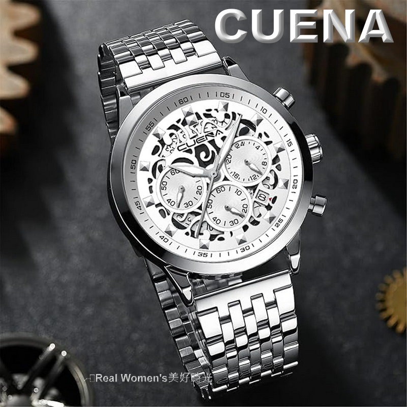 CUENA 多功能計時 日期 24小時 小秒盤 三眼 夜光指針 不鏽鋼帶 時尚型男腕錶 休閒商務錶 男錶-細節圖5