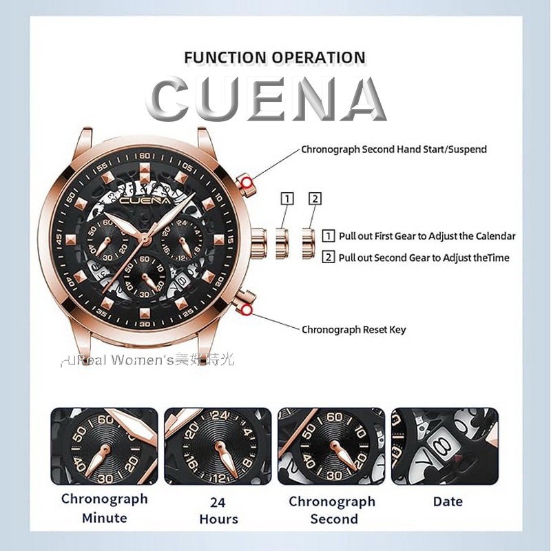 CUENA 多功能計時 日期 24小時 小秒盤 三眼 夜光指針 不鏽鋼帶 時尚型男腕錶 休閒商務錶 男錶-細節圖7