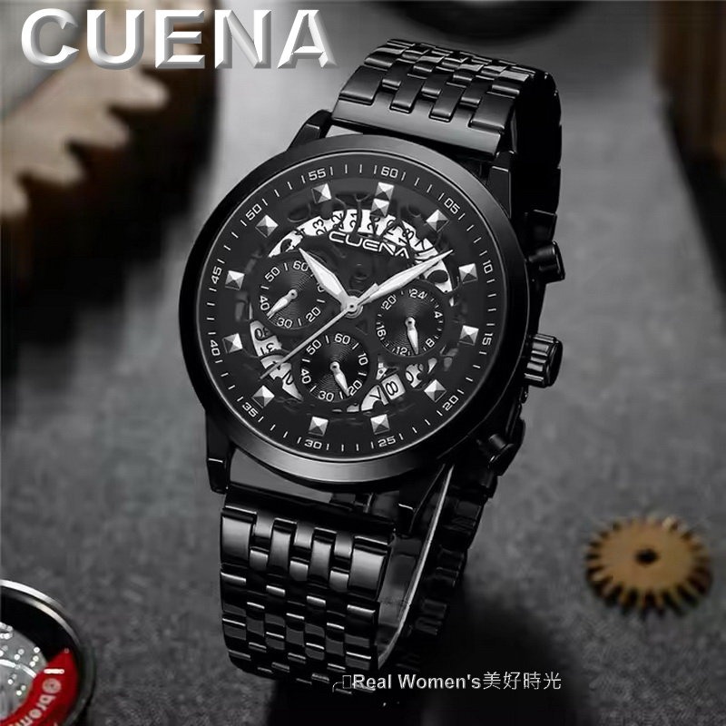 CUENA 多功能計時 日期 24小時 小秒盤 三眼 夜光指針 不鏽鋼帶 時尚型男腕錶 休閒商務錶 男錶-細節圖8